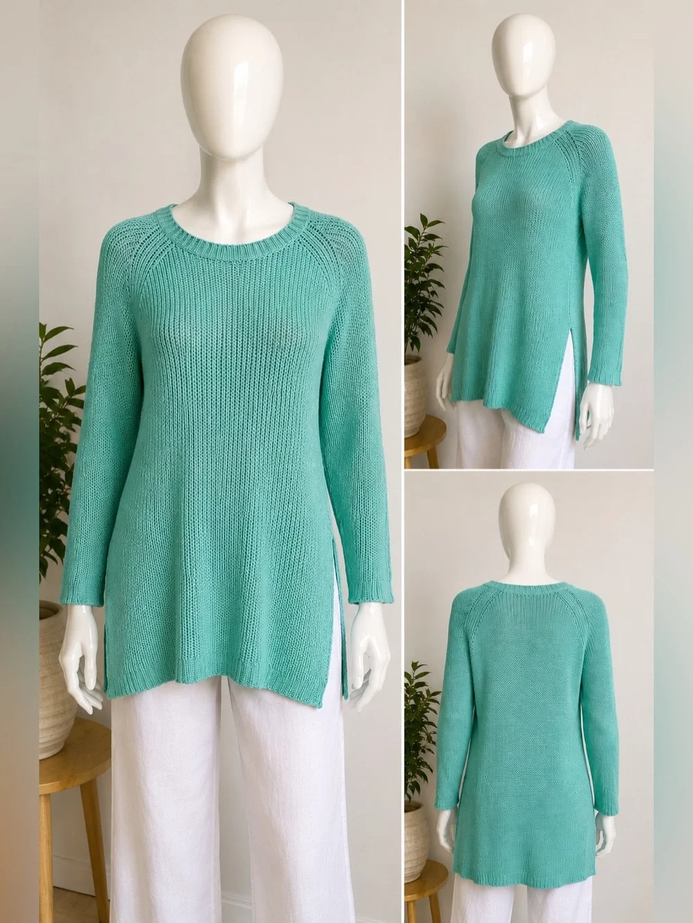Eileen Fisher Organic Linen Cotton Sweater Tunic Aqua Blue Open Knit M